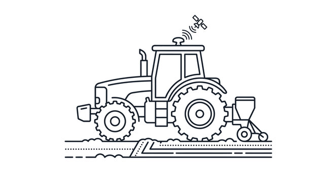Line art illustration of a modern tractor with a seeder attachment, equipped with satellite technology for precision farming in a field.