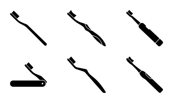 Toothbrush Icons Set, Dental Hygiene Tools Collection, Oral Care Brushes Vector Graphics, Black and White Simple Shapes