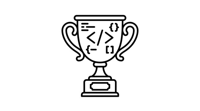 Line art icon of a trophy with programming symbols like angle brackets, curly braces, and square brackets, representing coding competition or achievement.