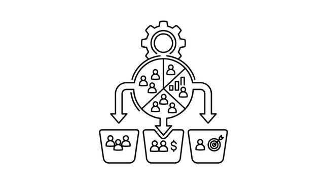 Line art icon depicting market segmentation, customer targeting, and data analysis process with groups of people and financial goals.