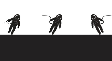 Three astronauts in black suits float against a stark white and black background © Sendal