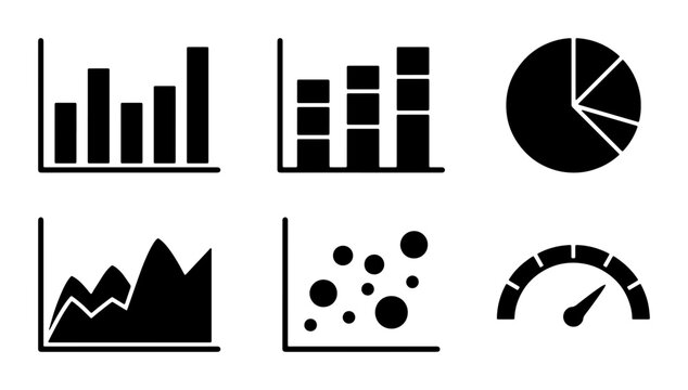Business Data Visualization Icons Set, Bar Chart, Pie Chart, Line Graph, Scatter Plot, Gauge Meter, Vector Graphics for Analytics and Reporting