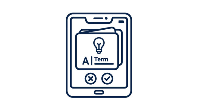 A smartphone displaying a digital flashcard application with a lightbulb icon, "A Term", and interactive checkmark and cross buttons for learning.