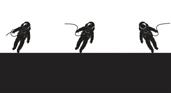 Three astronauts in black suits float against a stark white and black background