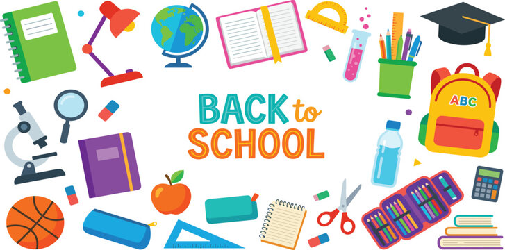 Back to School Vector Element Set with Colorful Educational Supplies Stationery Backpack Books Microscope and Classroom Essentials for Students and Teachers Creative Projects