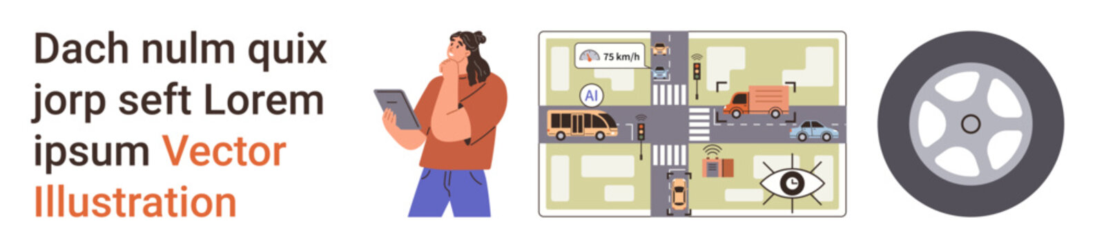 Traffic management, road navigation, transportation planning, urban mapping, technology usage, automotive safety. Person holding a tablet, road map wheel. Traffic management and transportation