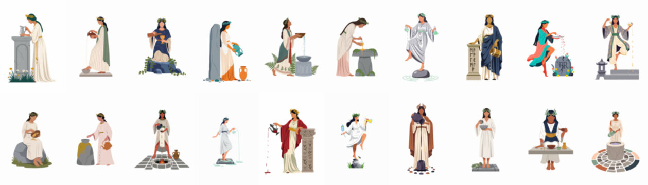 Set of diverse illustrations featuring ancient Greek and Roman goddesses and priestesses performing ritual libations and offerings in classical attire.