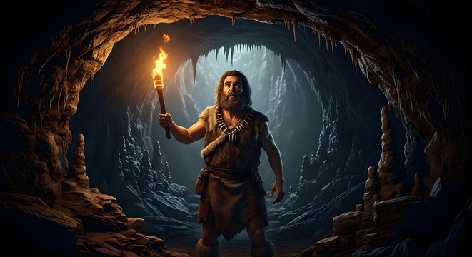 Warrior with Torch in Dark Cave Passage Dramatic Fantasy Art