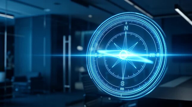 Glowing compass with blue light effect in modern office setting
