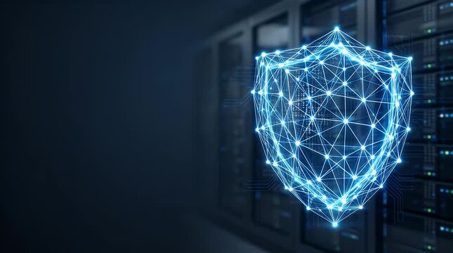 Digital shield symbolizing cybersecurity protection over data servers
