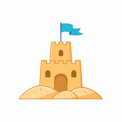 Naklejka premium Cartoon Sandcastle with Blue Flag