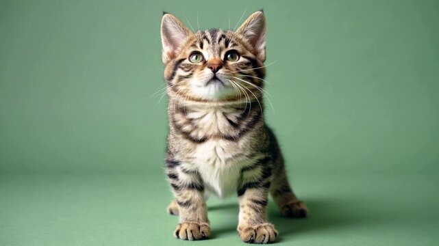 Front View Playful Tabby Kitten with Raised Paw Green Screen Background