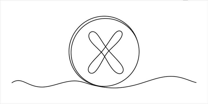 Continuous single line drawing of a round coin with an x mark symbol representing a cross or a negative sign in a simple minimalist style art Vector, illustration