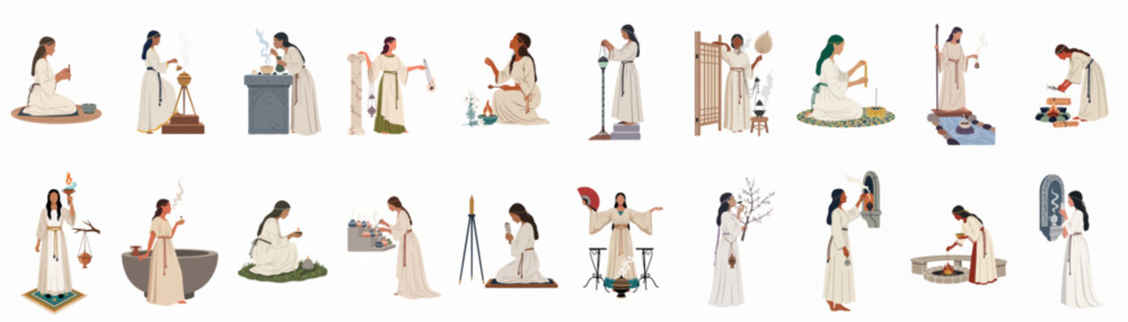 Collection of ancient women in traditional tunics performing sacred rituals with incense, fire, and spiritual objects in a flat illustration style.
