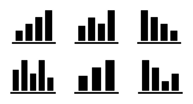 Six Black Bar Chart Icons, Data Visualization Elements, Financial Growth and Decline Graphics, Business Analytics Symbols, Simple Statistics Icons