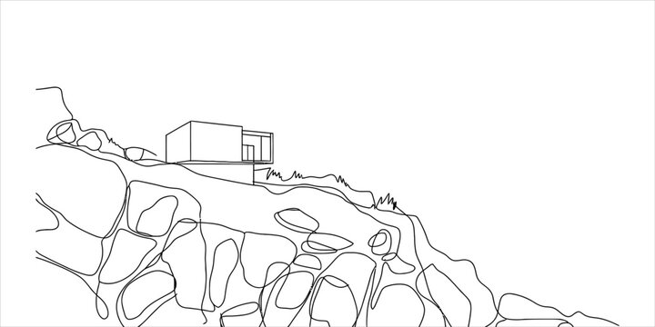 Minimalist architectural sketch of a modern house perched on a rocky cliff side representing contemporary home design and peaceful living concepts Vector, illustration