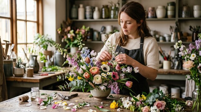 Professional female florist creating a vibrant floral arrangement with spring flowers in a rustic studio