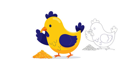 Cute cartoon yellow chicken eating seeds, with sketch outline © Suyat