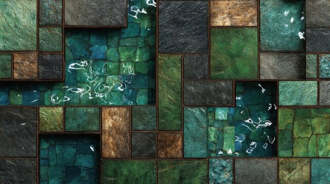 Seamless 2D material swatch of Bali green pool tile with randomized rectangular pattern, photorealistic texture for design, interior, architecture, and decorative applications