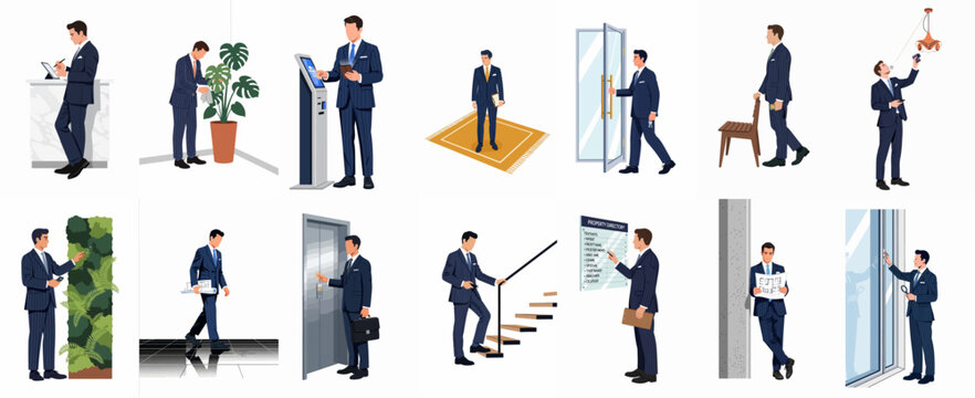 Collection of flat vector illustrations depicting a professional businessman in a pinstripe suit performing diverse property management, real estate, and facility maintenance activities.