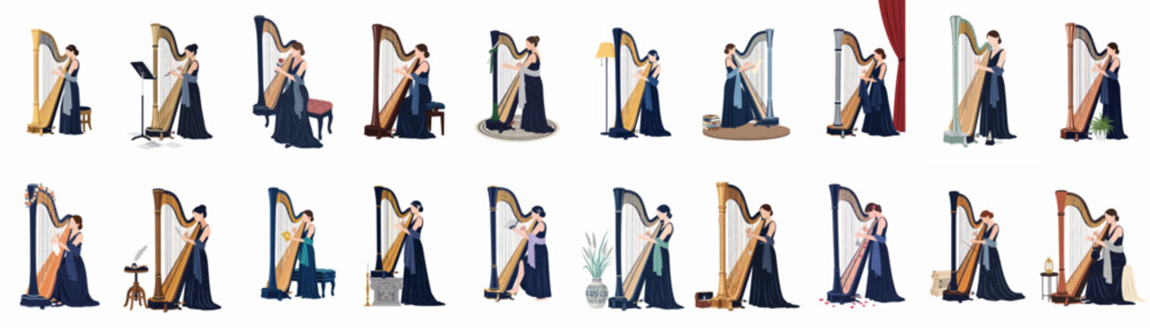 Collection of flat illustrations depicting an elegant female harpist playing various harps in different settings, ideal for music and arts-themed designs.