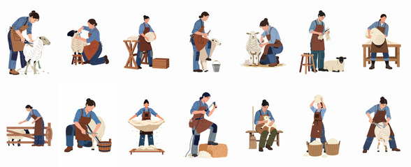 A comprehensive collection of illustrations showing women in various stages of sheep shearing, wool cleaning, and fleece processing on a farm. © Cristina