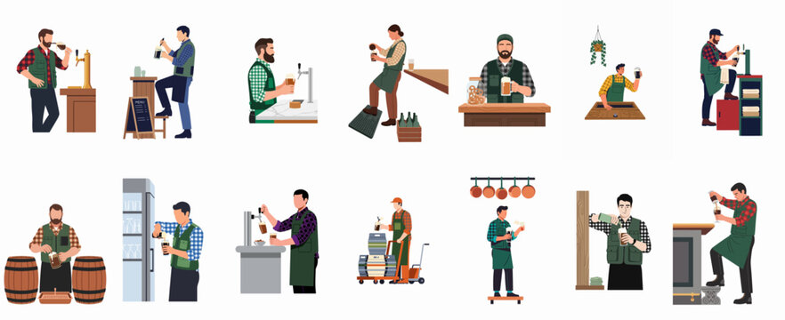 Collection of flat vector illustrations featuring professional male bartenders and brewers pouring, serving, and tasting craft beer in various bar settings.