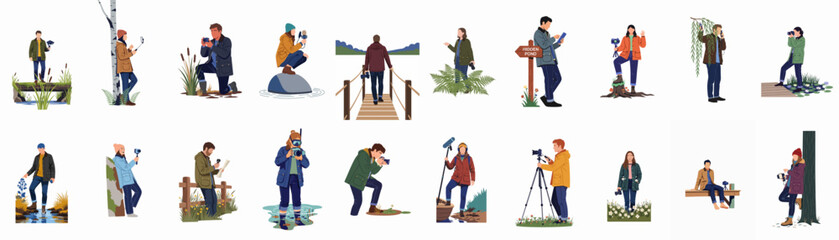 Collection of diverse people engaged in nature photography, videography, and sound recording in various outdoor landscape settings. © Asep