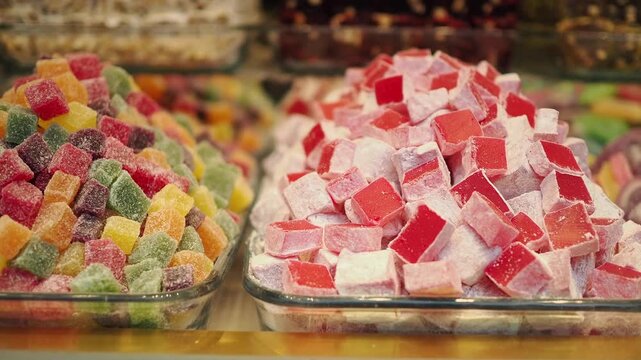 Colorful candy display at local market in afternoon