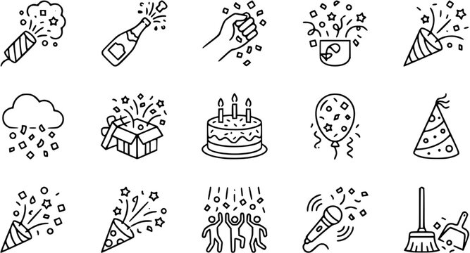 Celebration Party Event Line Art Icons Set. Black and White Outline Symbols for Birthday, Confetti, Gifts, Cake, Balloons, and Party Cleanup.