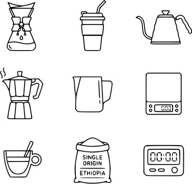Black and white line art icons for coffee brewing and preparation, including pour over, moka pot, cup, kettle, and scale