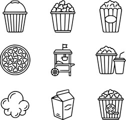 Black and White Line Art Icons: Popcorn, Pizza, Cupcake, Drink, and Popcorn Cart for Food Industry © vectorcorp