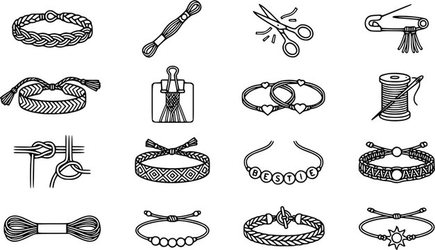 Black and White Line Art Icons of Friendship Bracelets and Craft Supplies