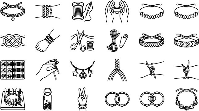 Friendship Bracelet Making Icon Set - DIY Crafts, Handcrafted Jewelry, Line Art