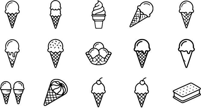 Black and White Line Art Icons of Various Ice Cream Cones and Sandwiches