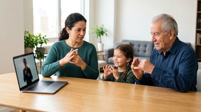 Multi-generational family using sign language during a remote video call on a laptop at home