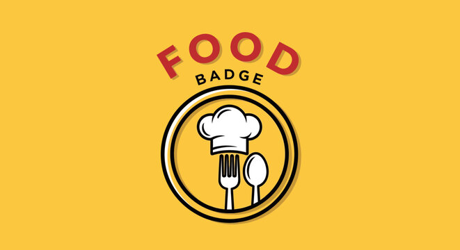 A bold food badge logo with a chef's hat and utensils on a yellow background.