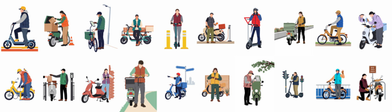 Vector illustration collection of people using electric scooters, mopeds, and bicycles for urban commuting and delivery services in various outdoor settings.
