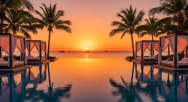 Tropical resort pool at sunset paradise.