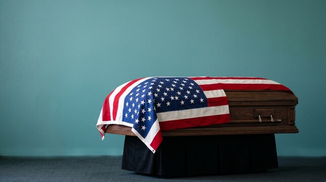 A coffin draped with the flag, symbolizing mourning and remembrance