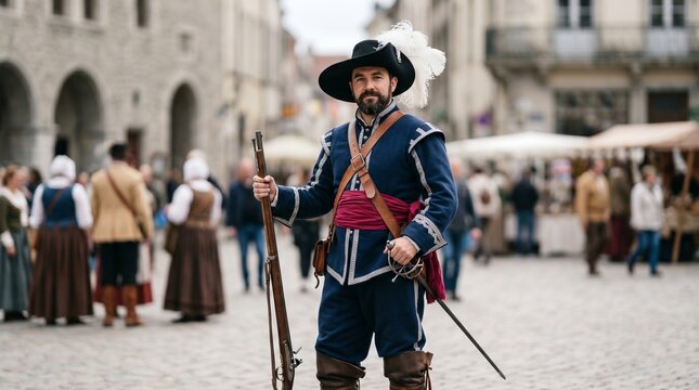 A man in historic attire, stands proudly with his weapon in a town square, portraying a historical reenactment