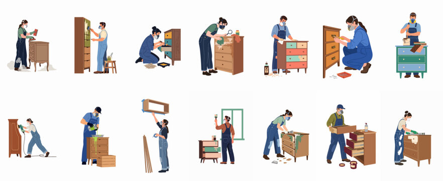 Set of people restoring old wooden furniture, painting, sanding, and refinishing dressers in a DIY home improvement workshop concept.