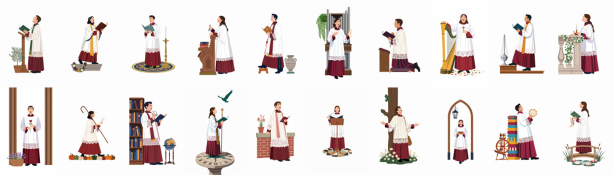 Set of diverse illustrations featuring church choir members and acolytes in traditional vestments, performing various liturgical and musical activities in flat vector style.