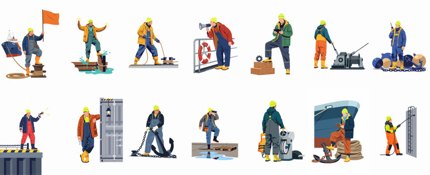 Flat vector illustration set of professional port and maritime workers engaged in various dockside activities and nautical operations.