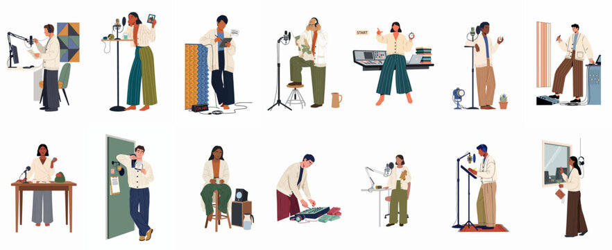 Vector illustration set featuring diverse men and women recording podcasts, broadcasting, and editing audio in professional studio settings with modern sound equipment.