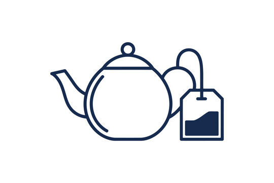 Blue outline teapot with a hanging tea bag on white background