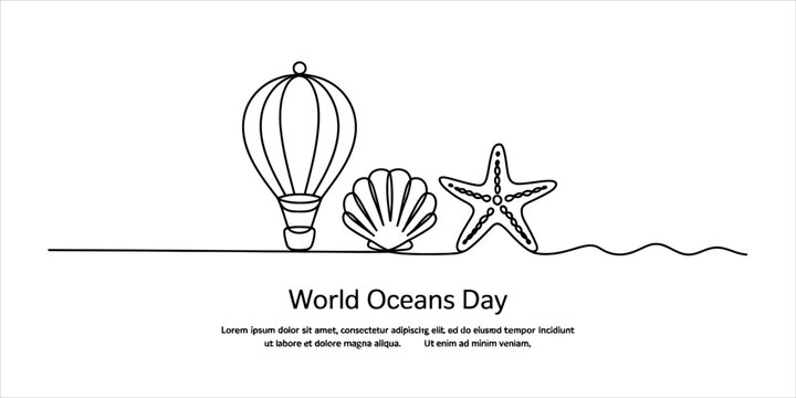 Continuous line art illustration of a hot air balloon seashell and starfish for world oceans day banner design with simple black ink stroke style Vector, illustration
