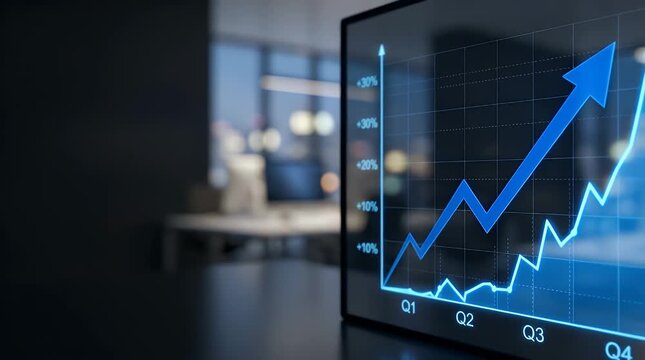 Financial growth chart analysis with upward trend in modern office setting