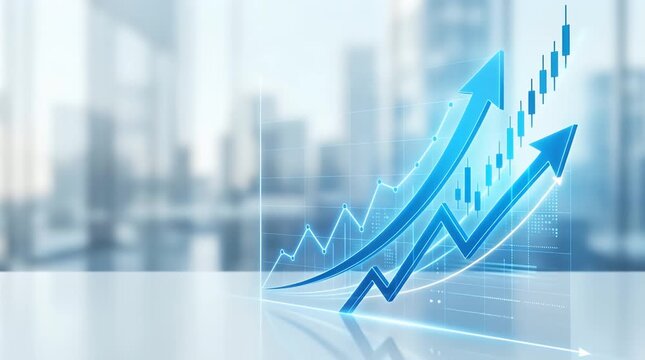 Business growth chart with upward trend arrows in modern office setting
