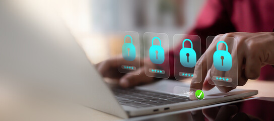 Obraz premium Data privacy and information security awareness with professional user logging into secure system with encrypted passwords.